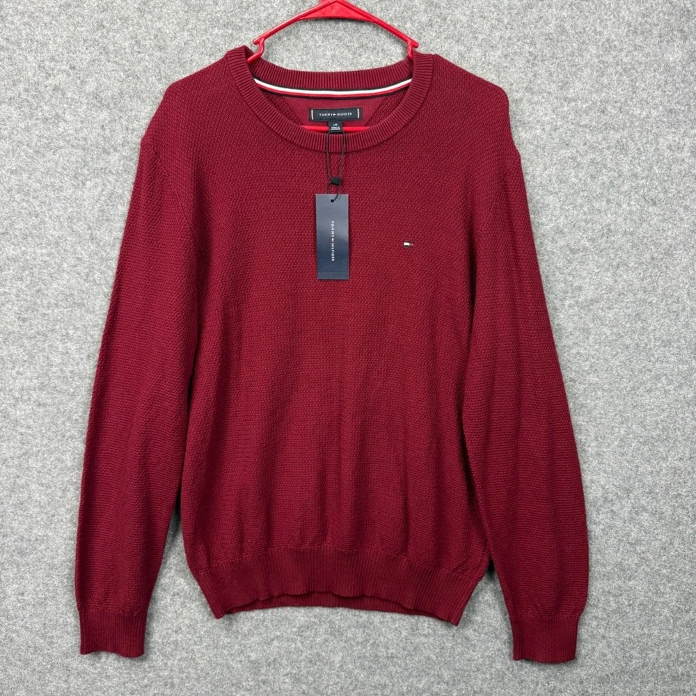 Tommy Hilfiger Mens Burgundy Waffle Knit Cotton Crewneck Sweater XM04975 L NEW